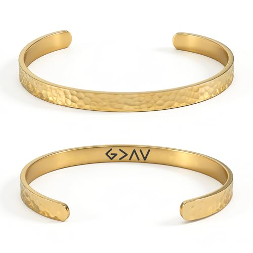Inspirational Bible Verse Cuff Bracelet for Women, 18K Gold Plated Hammered Bangle, Christian Faith Jewelry Gift, Adjustable Non Tarnish - color: God is greater than the highs and lows-Hammered Gold