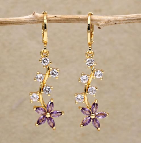 18K Gold Plated, Dangle Earrings for Women, Flower/Heart Drop earrings, Hypoallergenic Cubic Zirconia Earrings, Lightweight, Party, gold earrings, Jewelry for Gifts, Fashion - style: Drop-BigGems-01