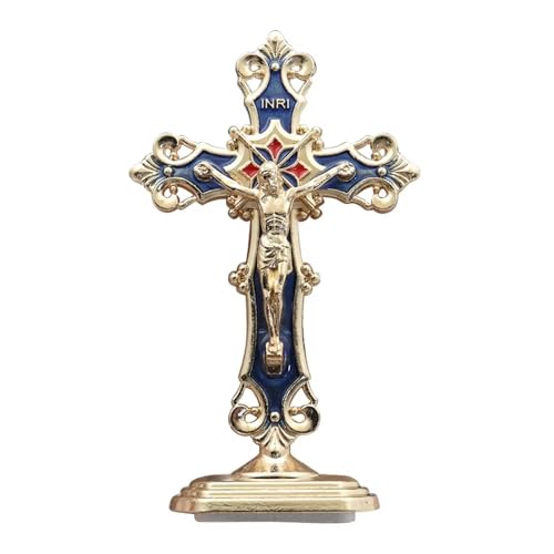 【Durable Zinc Alloy】 Cross Ornament for Christmas & Car Cross-shaped Figurine, Christmas Ornaments for Car Dashboard, Home & Office Decoration-Golden blue - color: Golden blue