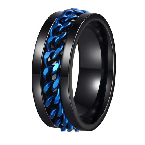 Mens Fidget Rings Anxiety Ring for Men 6mm 8mm Chain Spinner Ring Size 5-14 - color: Black Blue