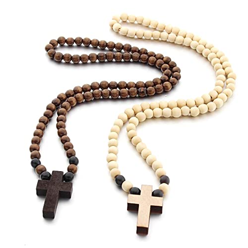 COLORFUL BLING Natural Wooden Catholic Rosaries Wood Crucifix Prayer Beads Pendant Necklace Prayer Jesus Religious Cross Rosary Necklace Handmade Jewelry - color: round dark