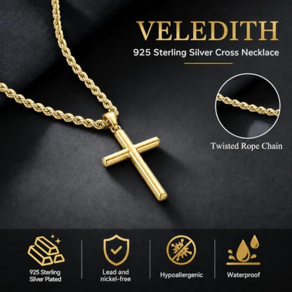 925 Sterling Silver Cross Necklaces for Mens Women CZ Beveled Edge - color: Classic Medium gold cross