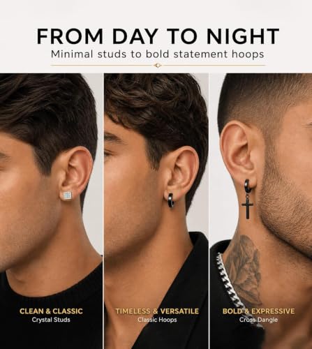 25 Pairs Earrings Set for Men and Women, Black Silver 14K Gold-Plated Mixed Earring Studs Kit Fashion Ear Piercing Jewelry Cross Dangle Hoop