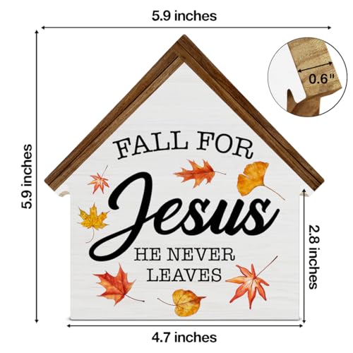 Christian Fall Decor, Fall for Jesus He Never Leaves House Shaped Wood Sign - color: Jesu-1