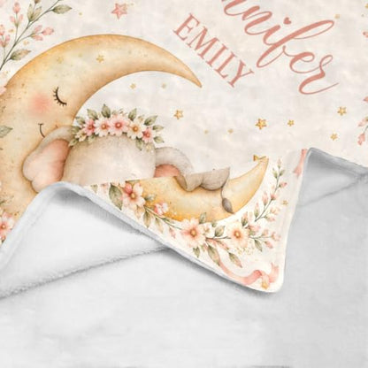 Personalized Baby Elephant Blanket with Name, Floral Moon and Stars - color: Baby Blanket #1