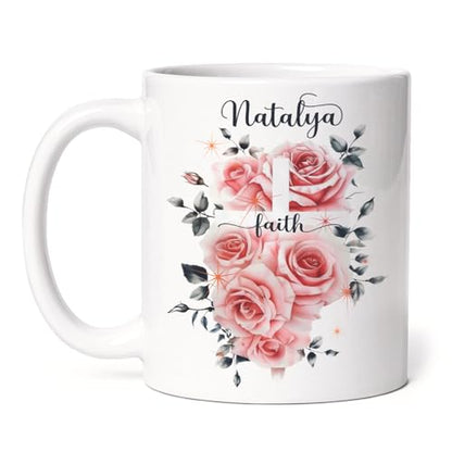 Customized Christian Mug With Name, Novelty Religious Gift, Floral Cross Ceramic Cup For Women Girls, Personalized Christian Faith Coffee Cup 11oz, Unique White Mug With Religious Theme - color: XUA-624-2300-Floral Cross