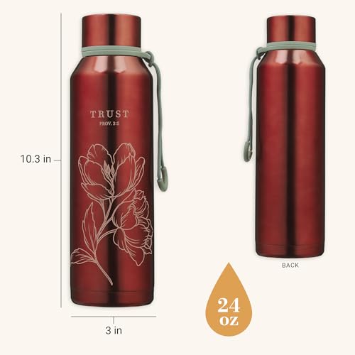 Christian Art Gifts Insulated Stainless Steel Water Bottle: Trust in the Lord Bible Verse Proverb, Encouraging Gift for Women, Metallic Red Floral Design, Leak-Proof Twist Cap, Carry Loop, 24 oz. - color: Pomegranate Red/Trust in the Lord