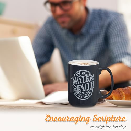 Christian Art Gifts Walk by Faith Scripture Coffee Mug, Inspirational Bible Verse Ceramic Mug, Navy Blue & White, 14 oz, Lead & Cadmium-Free, Christian Gift Drinkware for Men & Women - color: Navy Blue/Walk by Faith
