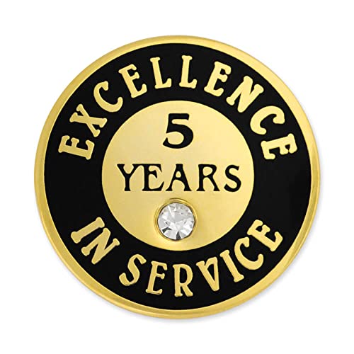 PinMart Gold Color Plated Excellence in Service Year Award Lapel Pin – Metal Enamel Workplace Reward Pin w/Rhinestone – 1-60 Years Pins for Long Standing Employees - color: 5 Years Gold Plated, size: 5 Pack