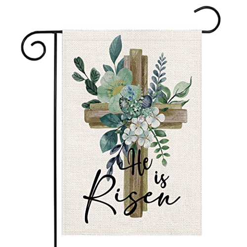 He Is Risen Garden Flag 12.5 x 18 Inch Happy Easter Cross Religious Decorative Double Sided Burlap Flag for Spring Easter Farmhouse Yard Holiday Decoration