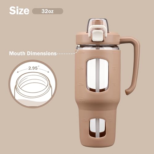 32oz Glass Tumbler with Straw Handle, Reusable Iced Coffee Cup, Amber - color: Amber