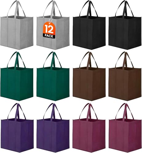 12 Pack Reusable Grocery Shopping Bags Large Foldable Tote Bags Bulk - color: Black, Gray, Green, Purple, Claret, Brown