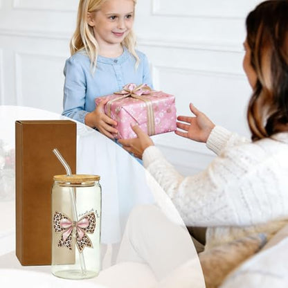 IWXYI Coquette Pink Leopard Bow Christian Glass Cup with Lids and Straws 14oz, It Is Well with My Soul Bible Verse Religious Iced Coffee Tea Drinking Glasses with Cleaning Brush - color: Leopard Bow