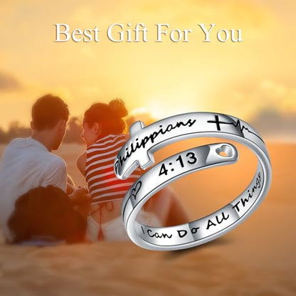 POPLYKE Cross Rings Sterling Silver Faith Adjustable Wrap Rings for Women Inspirational Jewelry Gifts - color: white