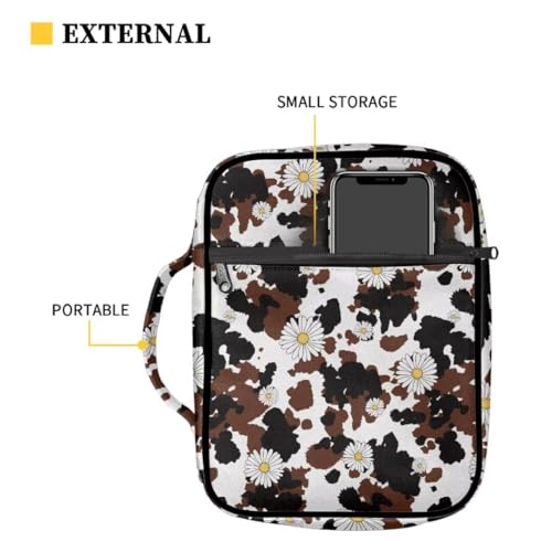 Coldinair Daisy Bible Cover for Women,Canvas Carrying Book Case Brown Cow Print Church Bag Bible Holder with Handle and Zippered Pocket - color: Daisy Brown Cow Print