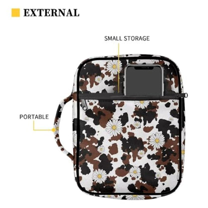 Coldinair Daisy Bible Cover for Women,Canvas Carrying Book Case Brown Cow Print Church Bag Bible Holder with Handle and Zippered Pocket - color: Daisy Brown Cow Print