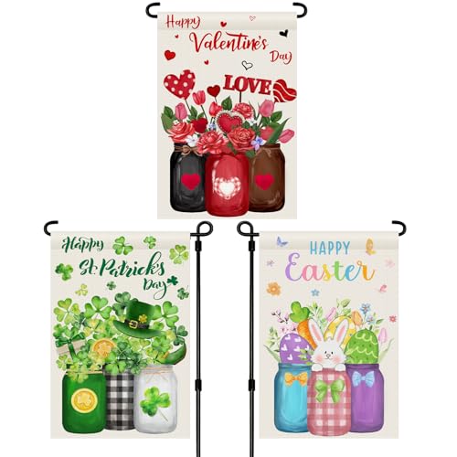 Hahafelt 3 Pack 12" x 18" Easter Garden Flag Double Sided Outdoor Decorations Easter Egg Heart Shamrocks for Outside Holiday Seasonal Spring Valentines Day St Patricks Day Lawns Patios Yard Lawn