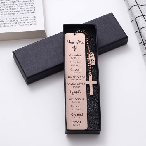 Christian Metal Bookmark with Bible Verses, Faith-Based Gift with 2026 Charm, Faith Affirmation Gift, Motivational Religious Scripture Reading Accessory for Women Men, Rose Gold - style: Rose Gold