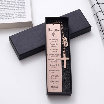 Christian Metal Bookmark with Bible Verses, Faith-Based Gift with 2026 Charm, Faith Affirmation Gift, Motivational Religious Scripture Reading Accessory for Women Men, Rose Gold - style: Rose Gold