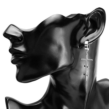 JewelrieShop Cross Tassel Stainless Steel Urban Huggie Hinged Hoop Dangle Earrings - color: 02. 2 Pairs (Steel + Black)