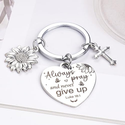 Sunflower Christian Gifts Keychain for Women, Inspirational Bible Verse Keyring, Religious Faith Gift for Birthday Christmas - color: Silver
