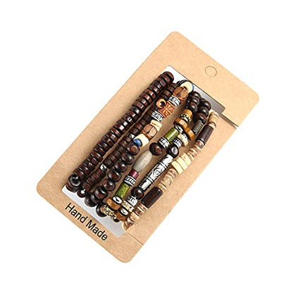 HZMAN Handmade Hemp Cords Wood Beads Leather Bracelets for Men Women - style: Bohemian