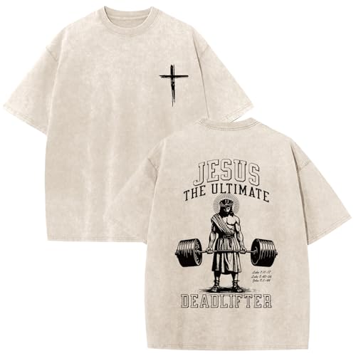 Mens Oversized Christian Shirts Jesus Faith Shirt Funny Gym Graphic Tees God Religious Bible Verse Acid Wash Tshirts - color: Apricot, size: XX-Large