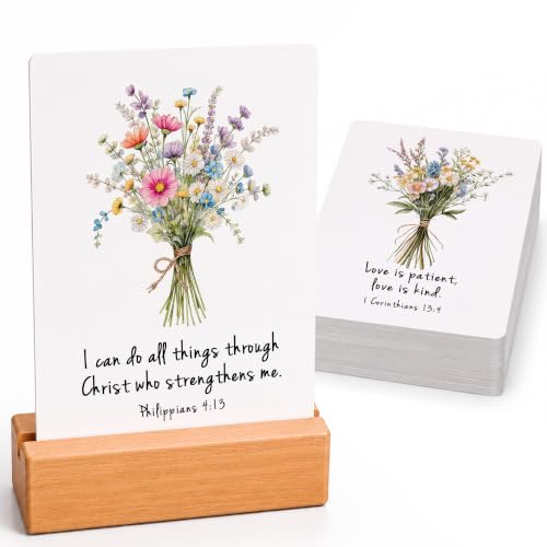 Bible Verse Cards with Wood Stand, 48 Prayer Cards for Daily Display - color: Wildflower