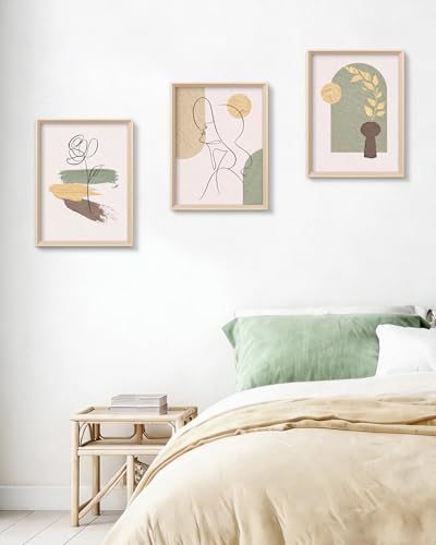 HesenDot High Wood Framed Abstract Line Art Wall Art Set of 3,12x16IN - color: High Frame Abstract Line Face