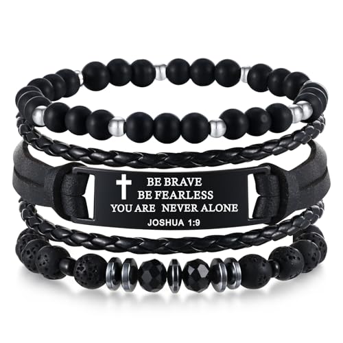 Mens Cross Bead Braided Genuine Leather Bracelet, Black Gemstone Agate Onyx Beaded Rosary Obsidian Bangle, Faith Religious Easter Catholic Christian Communion Baptism Christmas Jewelry Gift for Men - color: Set-Joshua 1:9