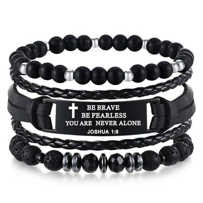 Mens Cross Bead Braided Genuine Leather Bracelet, Black Gemstone Agate Onyx Beaded Rosary Obsidian Bangle, Faith Religious Easter Catholic Christian Communion Baptism Christmas Jewelry Gift for Men - color: Set-Joshua 1:9