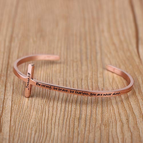 Memgift 𝐂𝐫𝐨𝐬𝐬 𝐁𝐫𝐚𝐜𝐞𝐥𝐞𝐭 Religious Cuff Bangle 𝐁𝐢𝐛𝐥𝐞 𝐕𝐞𝐫𝐬𝐞 Christian Gifts Jewelry for 𝐖𝐨𝐦𝐞𝐧 - style: Rose gold-Be strong ,Be brave ,Be fearless.you are never alone -Joshua 1:9