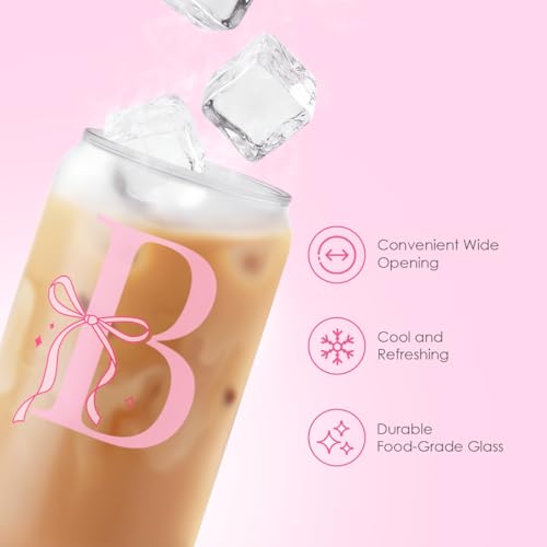 SANDJEST Monogrammed Glass Drinking Can Cup with Acrylic Lid and Straw, Personalized Frosted Iced Coffee Tumbler 16oz, Monogram Initial Gifts for Women Girls on Birthday (B) - color: B