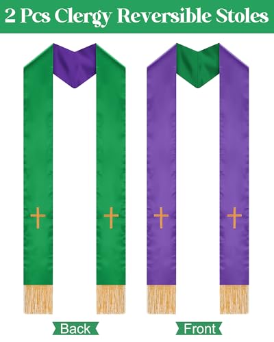 Eurzom 2 Pcs Reversible Clergy Stole with Cross Tassels - color: Green,purple