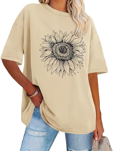 Womens Oversized Tshirt Graphic Tees Crew Neck Summer Short Sleeve Tops - color: A-sunflower Print Khaki, size: 3X-Large