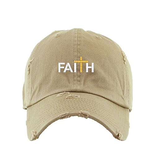 Faith with Cross Vintage Baseball Cap Embroidered Cotton Adjustable Distressed Dad Hat - color: Khaki