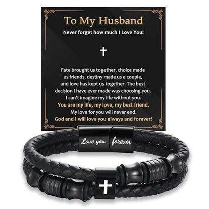 EFVISD Lover You Forever Leather Cross Bracelet for Men Boys Gifts - color: Husband