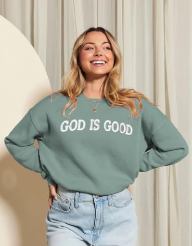 Womens God Is Good Christian Sweatshirt Oversized Crewneck Fleece Pullover - color: Sage Green, size: Small