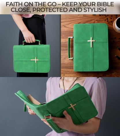 Vegan Leather Bible Cover Case, Bible Bag for Men Women, Gift Box Packaging - color: Green