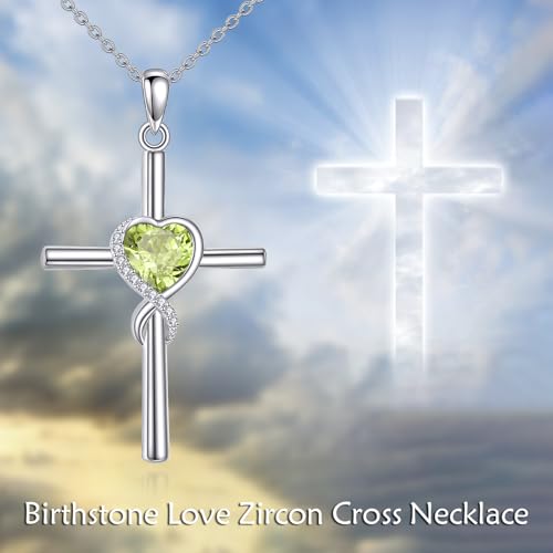 S925 Sterling Silver Cross Necklace for Women Birthstone Necklace Heart Infinity Cross Pendant Necklace Christmas Valentines Day Gifts Birthday Holiday Gifts for Her, 18"+2" Inches - color: 08-Aug Birthstone - Peridot