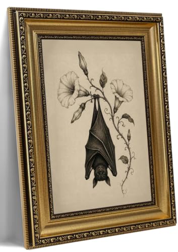 Vintage Gold Framed Gothic Style Bat Curling Flowers Wall Art 9X11 in - color: Bat 1, size: 11"L x 9"W
