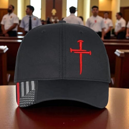 Christian Cross Baseball Cap, Religious Sacred Nails Design,Red Line Firefighter Flag with RED Cross Jesus Adjustable Hat with Free 4" Cross Window Decal