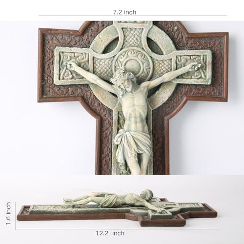 BC Catholic 12”H Crucifix Wall Cross, Celtic Cross for Indoor Garden, Catholic Gifts, Religious Home Decor,Wood Stone Carve Looking, Hand Painted by Buildclassic