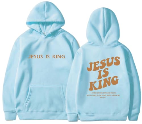 PANOZON JESUS IS KING Hoodie Christian Faith Religious God Tops Man Woman Pullover Sweatshirt Longsleeve - color: 6-blue, size: 3X-Large
