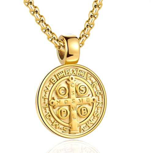 St Benedict Exorcism Medal Necklace for Men Catholic Cross Pendant - color: Gold