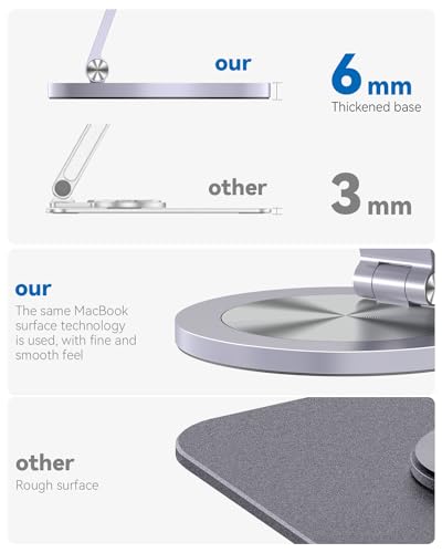 Phone Stand for Desk, 360° Rotating Dual Adjustable Foldable Cell Phone Holder, Heavy Solid All-Aluminum Base Anti-Slip Stable Support for Home Office Study, Fits iPhone Galaxy 4-8" Phones - color: Grey