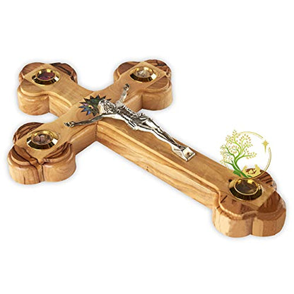 Wall Cross Flowers, Incense, Olive Leaf and Stones/Wooden Cross with Mother of Pearl Bethlehem Star from the Holy Land Made from Olive Wood - Crucfix for Communion, Baptism or Christening Gifts Medium
