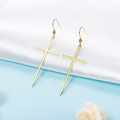 Jeka Hypoallergenic Stainless Steel Cross Earrings Long Dangle Minimalist Jewelry for Women Girls Family Friends Gifts - color: Gold