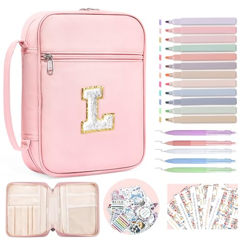 WOBAGMEN Bible Cover for Women,Pink PU Leather Personalized Bible Case with Bible Study Supplies,Including Tabs and Highlighter Set, Faith Chiristain Gift for Women Girls(Pink, L) - size: L