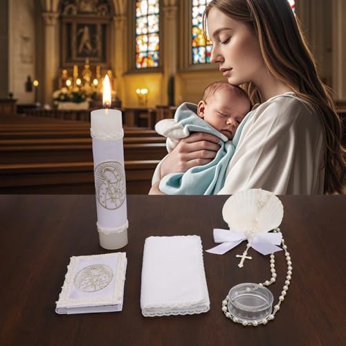 5 PCS Baptism Candle Set for Boys and Girls,Baptism Kit Catholic Candle,Towel,Shell,Rosary andBible for Baptismal Christening First Communion Gift